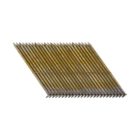 Angled strip of collated nails for nail guns, metallic finish, laid out diagonally on a white background.