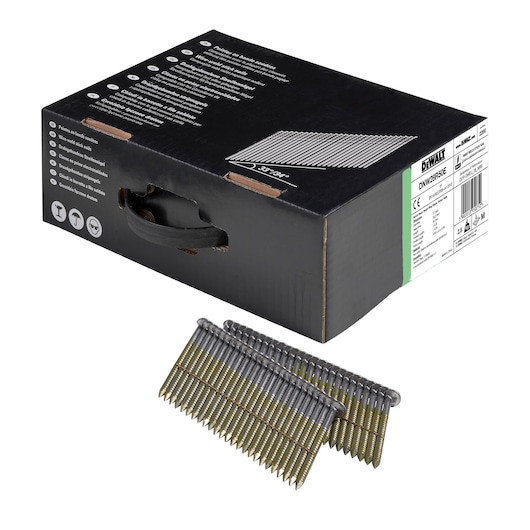 DEWALT box of collated nails with nail strips shown in front, intended for use with nail guns.