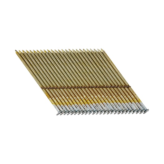 Angled strip of collated nails for nail gun use, shown against a white background.