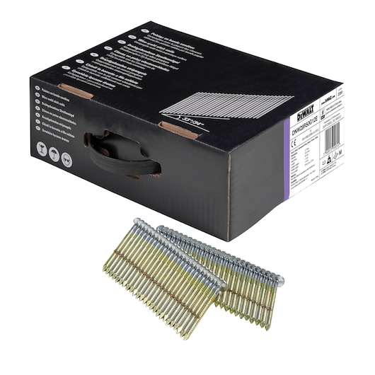 DEWALT box with collated nails for construction, product code DNW28R50G12E, shown with contents in front.