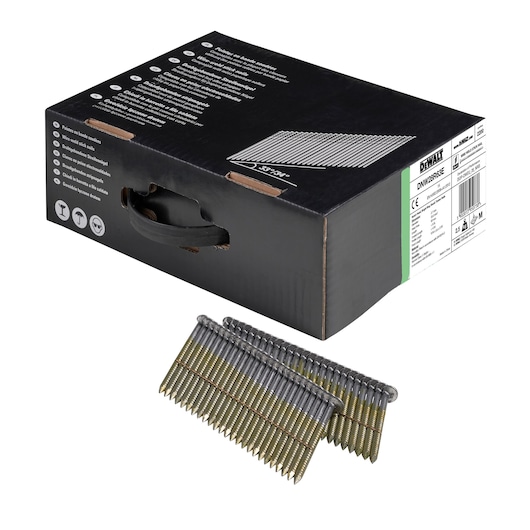 DEWALT box of collated nails with two nail strips displayed in front for construction or woodworking.