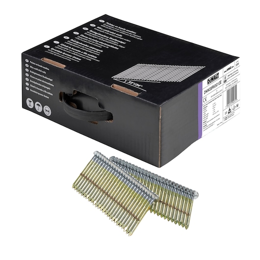 DEWALT box of nails with two nail strips displayed in front for use with nail guns.