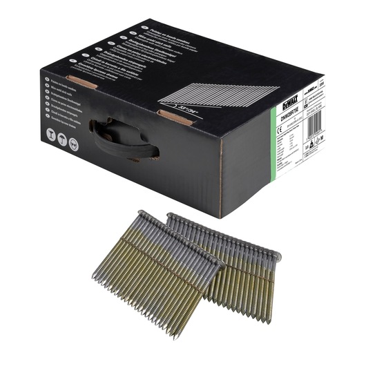 Box of DEWALT collated nails and two nail strips for use with framing nailers.