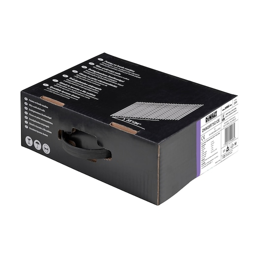 Black DEWALT box with product info, barcode, and carrying handle. SKU DNW28R75G12E, photography category.