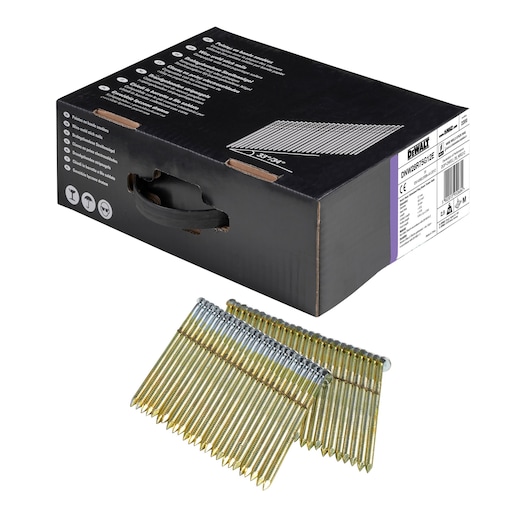 DEWALT box with collated nails arranged in strips, suitable for nail guns and construction applications.