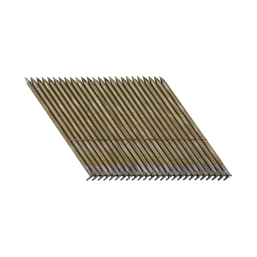 Cluster of angled metal nails for use in a nail gun, shown in a horizontal arrangement on white background.