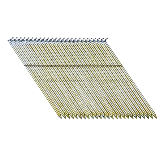 Angled strip of metallic nails for a nail gun, arranged in a row with pointed tips and connected by wire.