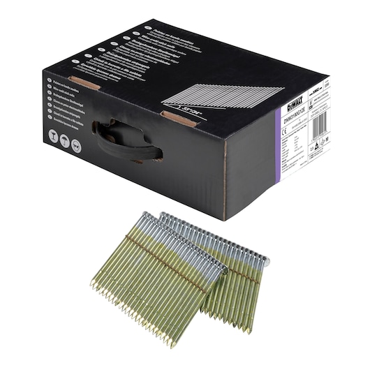 Box of DEWALT nails with two strips of nails shown in front. Packaging features product details and branding.