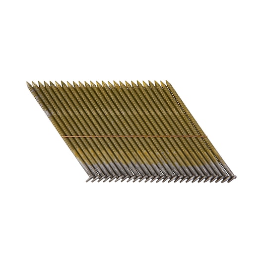 A close-up image of a strip of collated nails arranged at an angle for use in a nail gun. The nails have a gold and silver color and are connected by a thin wire strip.