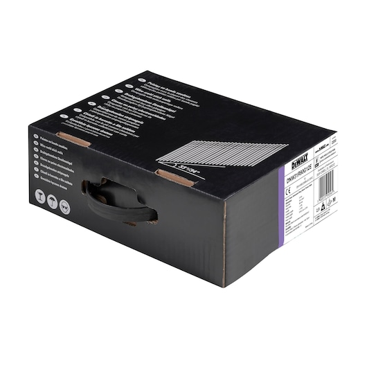 Black DEWALT box with product info, handle, and barcode visible. Labeled DNW31R90G12E.