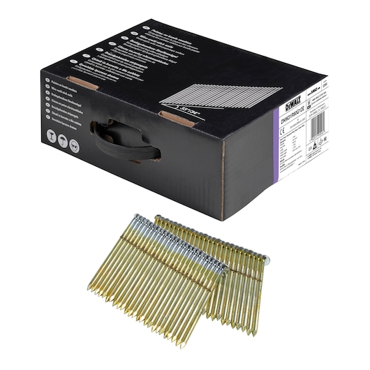 DEWALT box of collated nails with strips of nails shown in front for construction use.