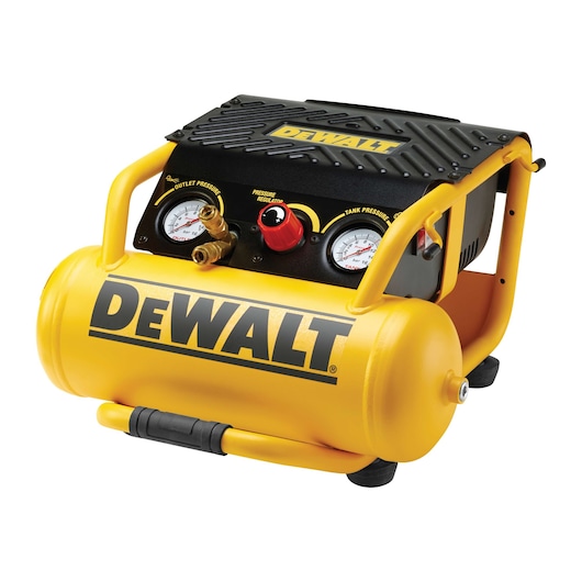 DEWALT DPC10RC portable air compressor with gauges and yellow tank, used for powering pneumatic tools.
