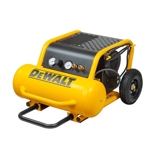 A yellow DEWALT portable air compressor with a black control panel, two pressure gauges, and large wheels for mobility.
