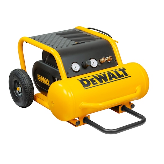 Yellow and black DEWALT air compressor with two gauges, hose connections, and wheels for mobility.