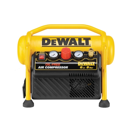 DEWALT oil-free air compressor with gauges, handle, and controls. Compact and portable for various tasks.
