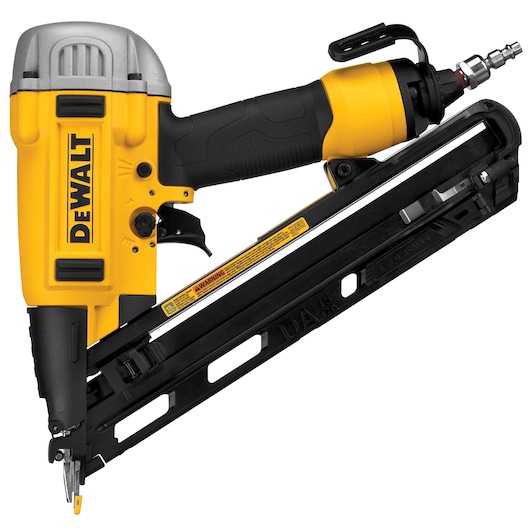 DEWALT pneumatic nailer with yellow and black design, angled magazine, used for fastening nails.