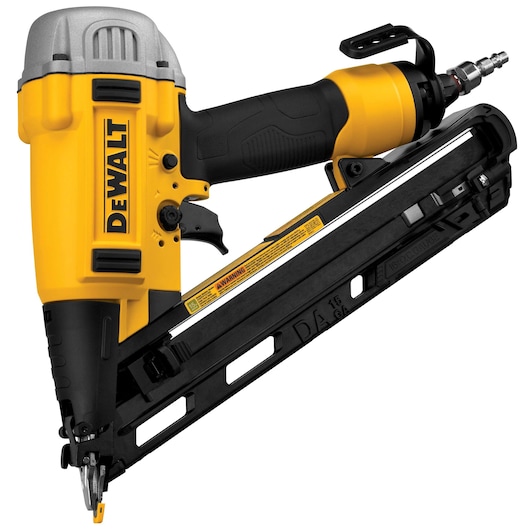 DEWALT yellow and black angled pneumatic nail gun with trigger and air hose connector.
