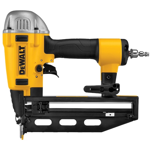 DEWALT pneumatic nail gun with yellow and black design, used for fastening nails in woodworking and construction.