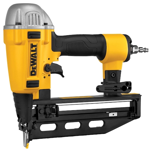 DEWALT pneumatic nailer tool, yellow and black, side view with handle and air connector.