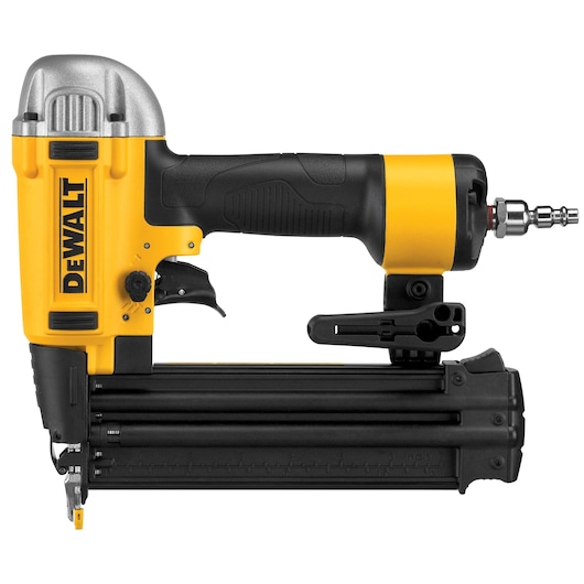 DEWALT pneumatic nail gun with yellow and black body, side view showing brand logo and air connector.