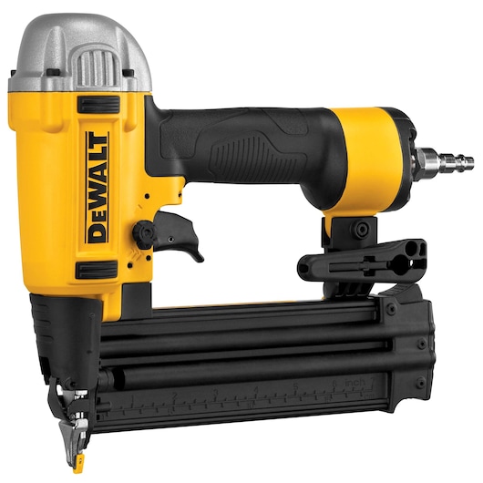 DEWALT pneumatic nail gun with yellow and black body and metal details, designed for precise nailing tasks.