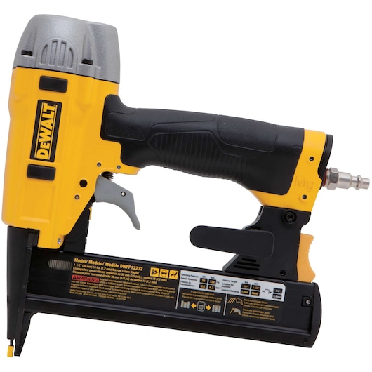 DEWALT pneumatic nail gun with yellow and black design, side view showing handle and trigger.