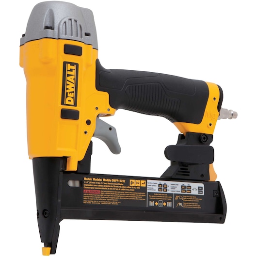 DEWALT pneumatic nail gun DPN1850 in yellow and black, used for woodworking and construction projects.