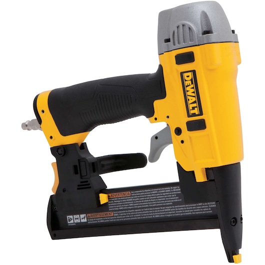 DEWALT DPN1850 pneumatic nail gun with yellow and black design, used for woodworking and carpentry.