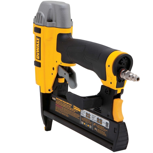 DEWALT pneumatic nailer DPN1850 in yellow and black for precise woodworking and fastening.