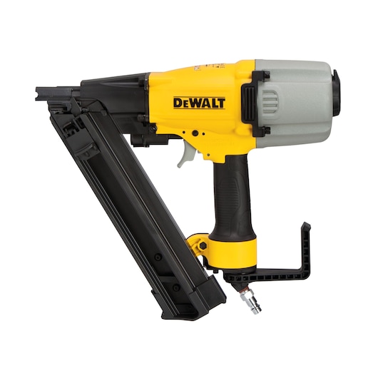 Side view of a yellow and black DEWALT pneumatic nail gun with a silver rear casing, designed for construction and carpentry tasks.