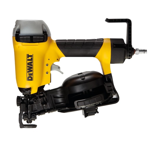 DEWALT pneumatic nail gun DPN46RN, yellow and black, shown from the side on a white background.