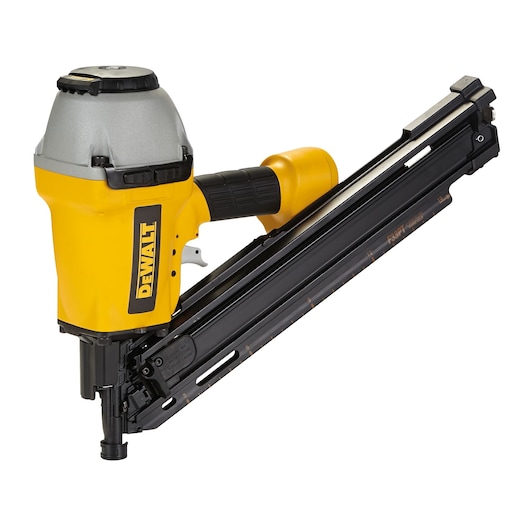 Yellow DEWALT nail gun with angled black magazine, shown on a white background.