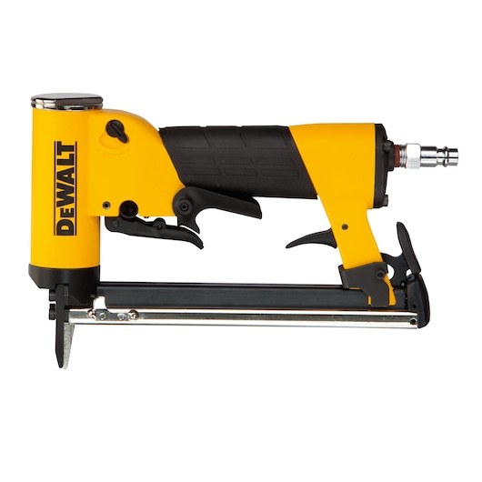 Yellow DEWALT pneumatic stapler with black grip, side view, for professional use in construction or woodworking.