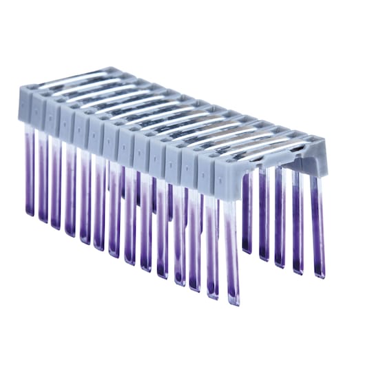 A close-up of a DEWALT plastic comb binding strip with purple binding teeth on a white background.