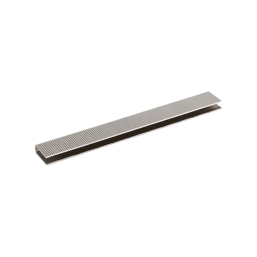 A strip of metal staples for a stapler, shown isolated on a white background.