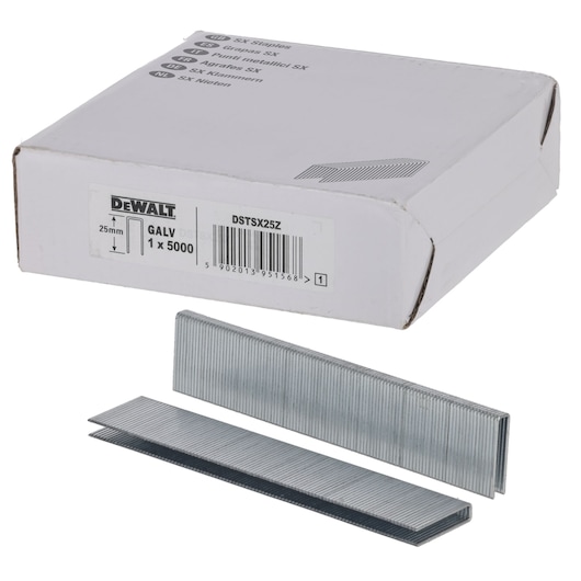 DEWALT DSTSX25Z staples, 25mm, box of 5000, with two staple strips shown outside the packaging.