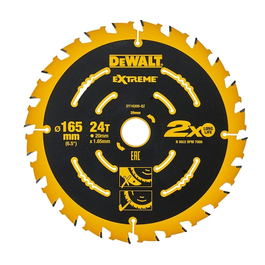DEWALT DT10300 Extreme saw blade, 165mm diameter, 24 teeth, yellow and black color, for cutting applications.