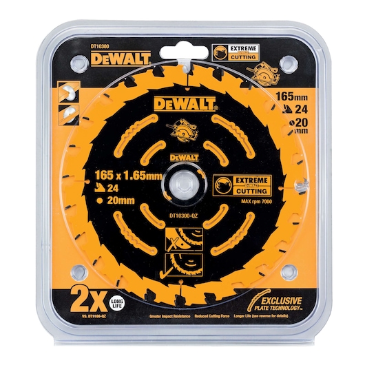 DEWALT DT10300 circular saw blade in packaging, 165mm, 24 teeth, 20mm bore, Extreme Cutting, for power tools.