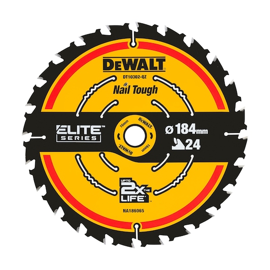 DEWALT saw blade DT10302-QZ, DT10302, Elite Series for tough nails, Ø184mm, 24 teeth, circular shape.