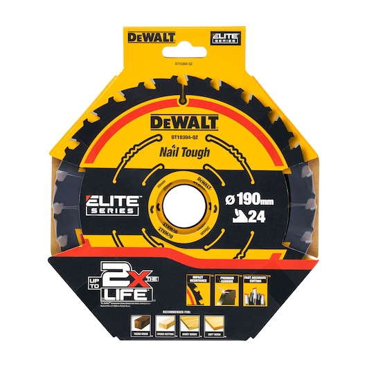 DEWALT DT10304 Elite Series saw blade for wood, 190mm diameter, 24 teeth, in yellow and black packaging.