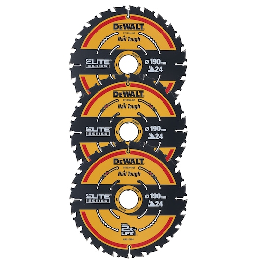 Three DEWALT Elite Series 190mm circular saw blades, black and yellow, labeled Nail Tough, each with 24 teeth.