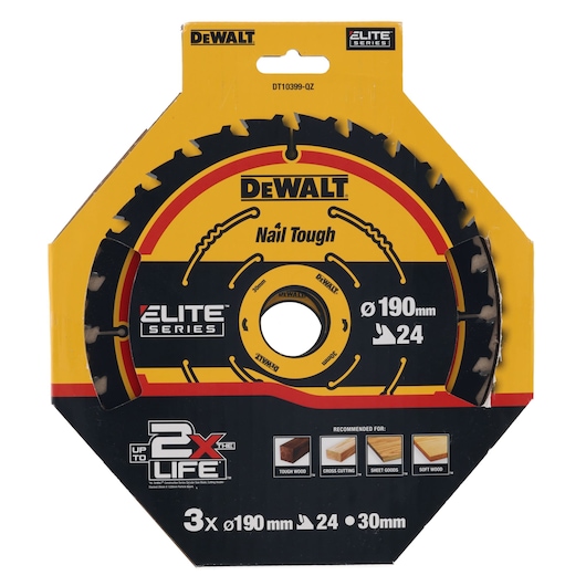 DEWALT DT10399 Elite Series 190mm saw blade, 24 teeth, in yellow packaging, suitable for wood cutting.