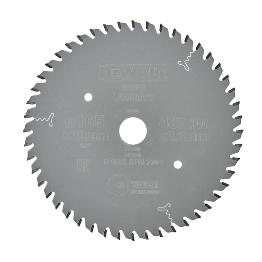 DEWALT circular saw blade for wood and laminate, 165mm diameter, 48 teeth, suitable for workshop use.