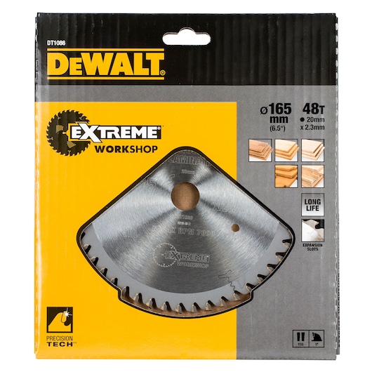 DEWALT DT1086 saw blade in packaging, 165mm, 48 teeth, for wood and laminate, Extreme Workshop series.