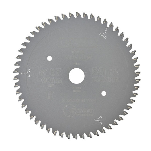 DEWALT DT1088 circular saw blade with 54 teeth for wood and aluminum, 165mm diameter, 20mm bore.