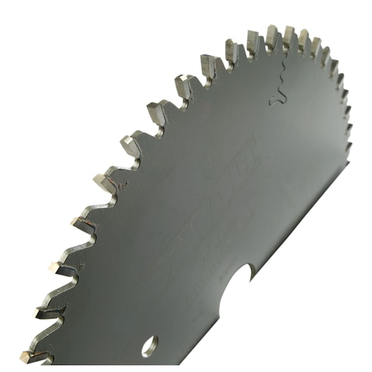 Close-up of a DEWALT DT1088 circular saw blade with sharp teeth, shown against a white background.