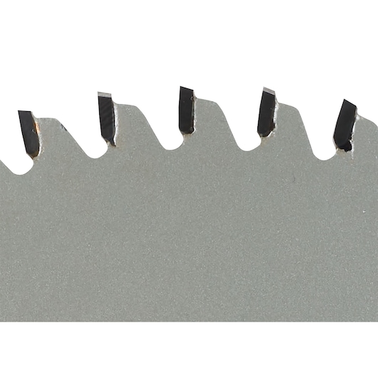 Close-up of DEWALT DT1088 saw blade teeth, showing sharp metal tips for cutting.
