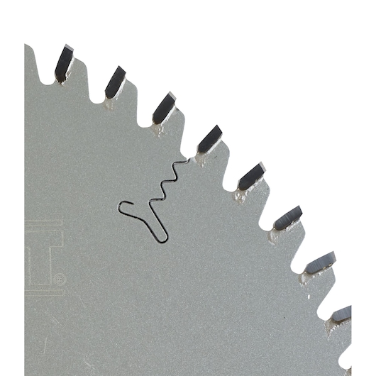 Close-up of a DEWALT DT1088 circular saw blade with carbide-tipped teeth and expansion slot.