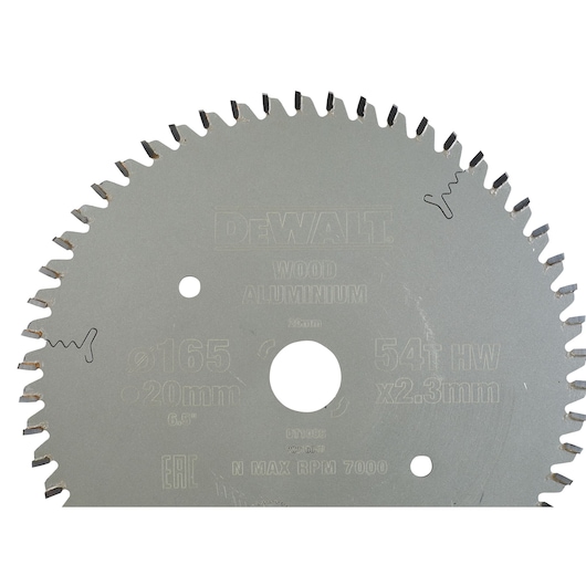 DEWALT DT1088 circular saw blade for wood and aluminum, 165mm diameter, 54T, silver finish.