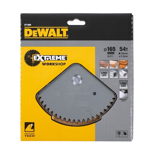 DEWALT DT1088 saw blade in packaging. Extreme Workshop, 165mm, 54 teeth, wood and PVC cutting.